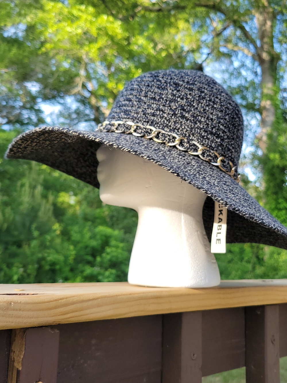 Collection XIIX Denim Blue Crochet Wide-Brim Hat with Chain Trim